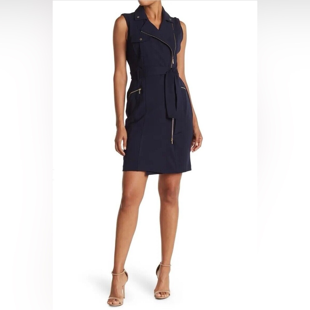 NWOT - Calvin Klein Navy Sleeveless Moto Sheath Dress, size 8